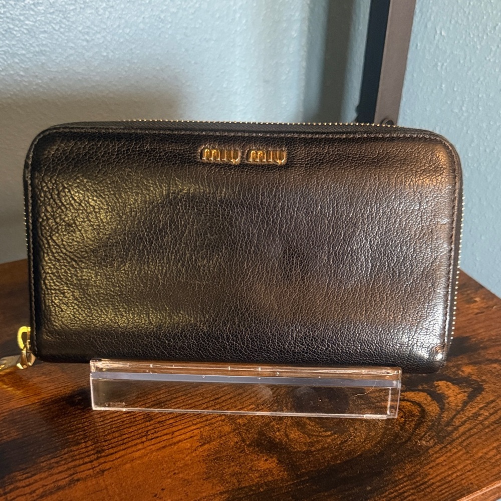 Miu Miu Large Black Leather Zip Wallet